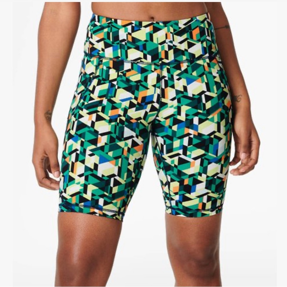 NWT Sweaty Betty Power 9” Biker Shorts Green Geo Maze XS 0